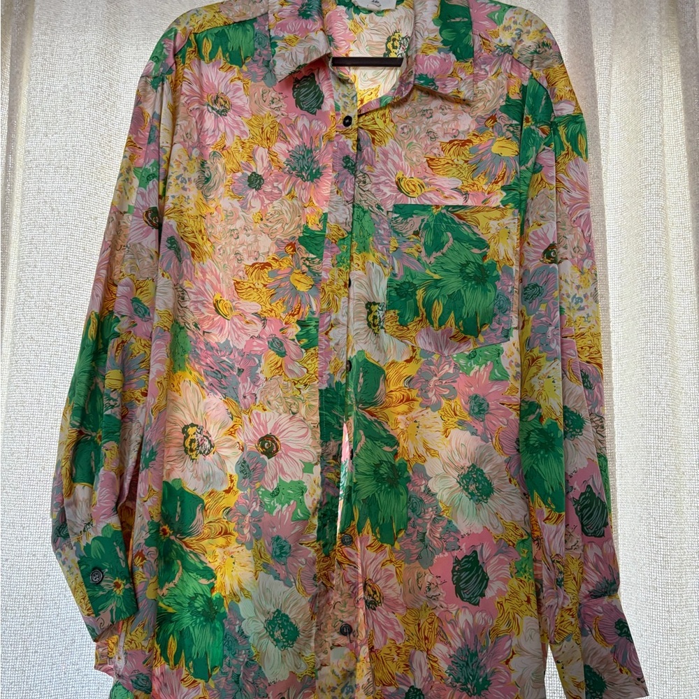 Entro Floral Button-Up Blouse in Pink, Green & Yellow
